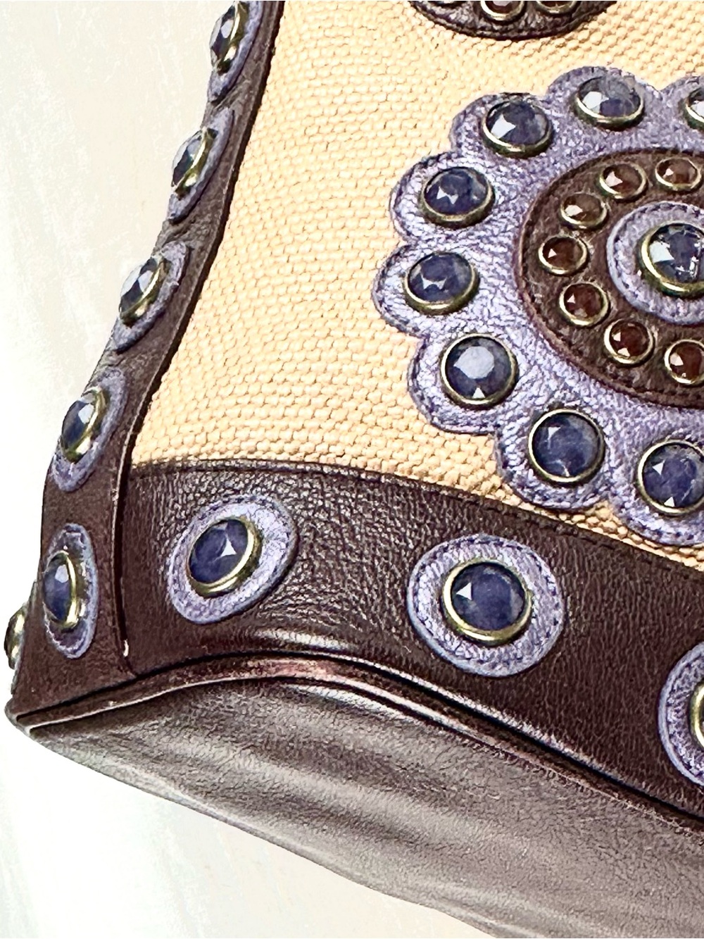 Isabella Fiore ‘Set in Stone’ Jeweled Tote Bag Tan and Brown Leather Trim - Picture 15 of 16